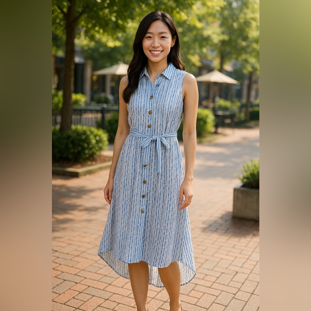 Anthropologie Blue and White Button-Down Midi Dress
